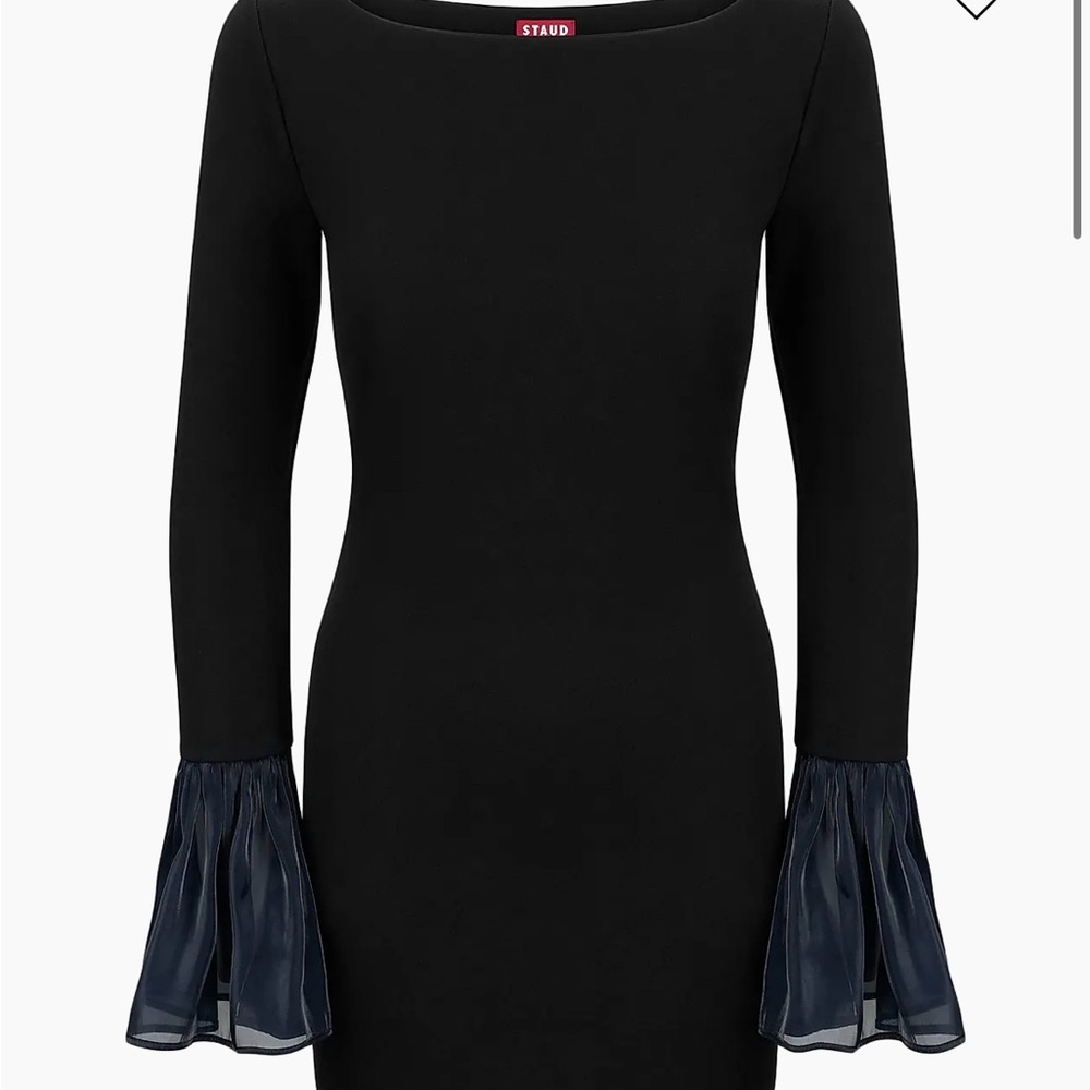 STAUD Black Long-Sleeve Dress with Navy Sheer Bell Cuffs